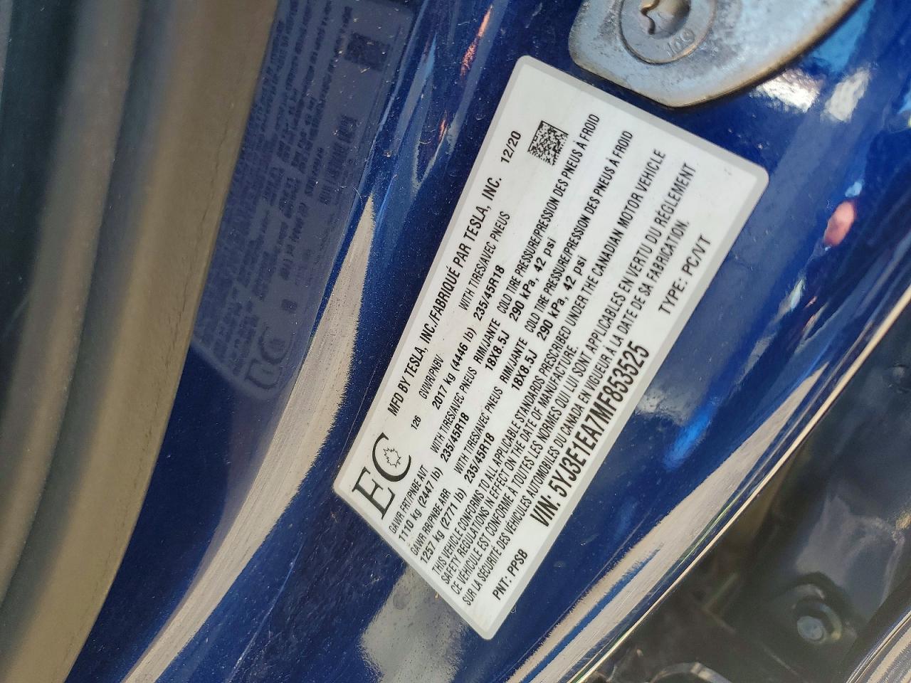 5YJ3E1EA7MF853525 · 2021 TESLA MODEL 3 · 12/12