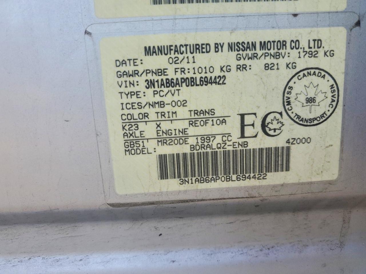 3N1AB6AP0BL694422 · 2011 NISSAN SENTRA · 12/12
