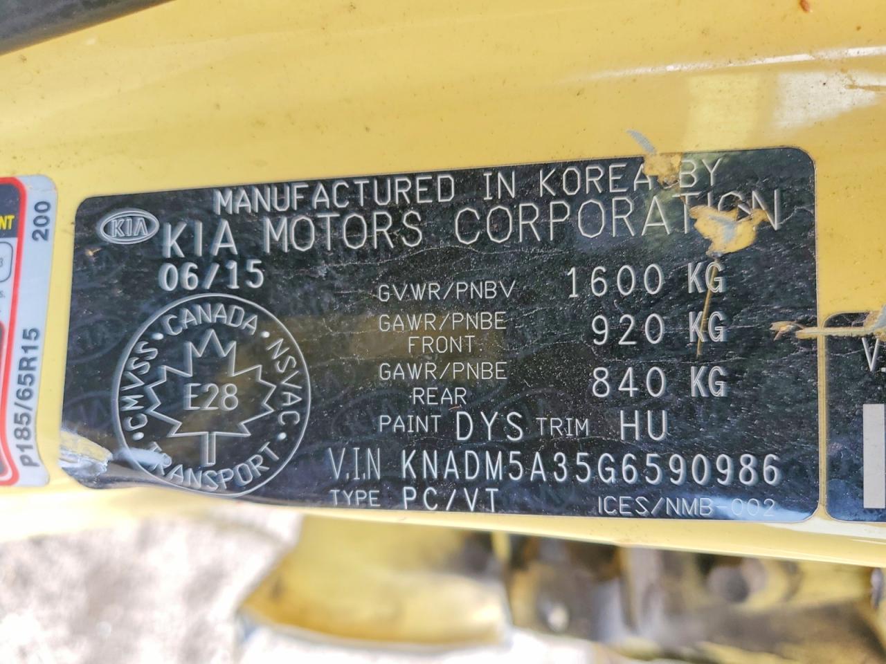 KNADM5A35G6590986 · 2016 KIA RIO · 12/12