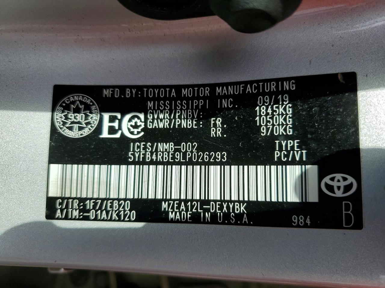 5YFB4RBE9LP026293 · 2020 TOYOTA COROLLA · 12/12