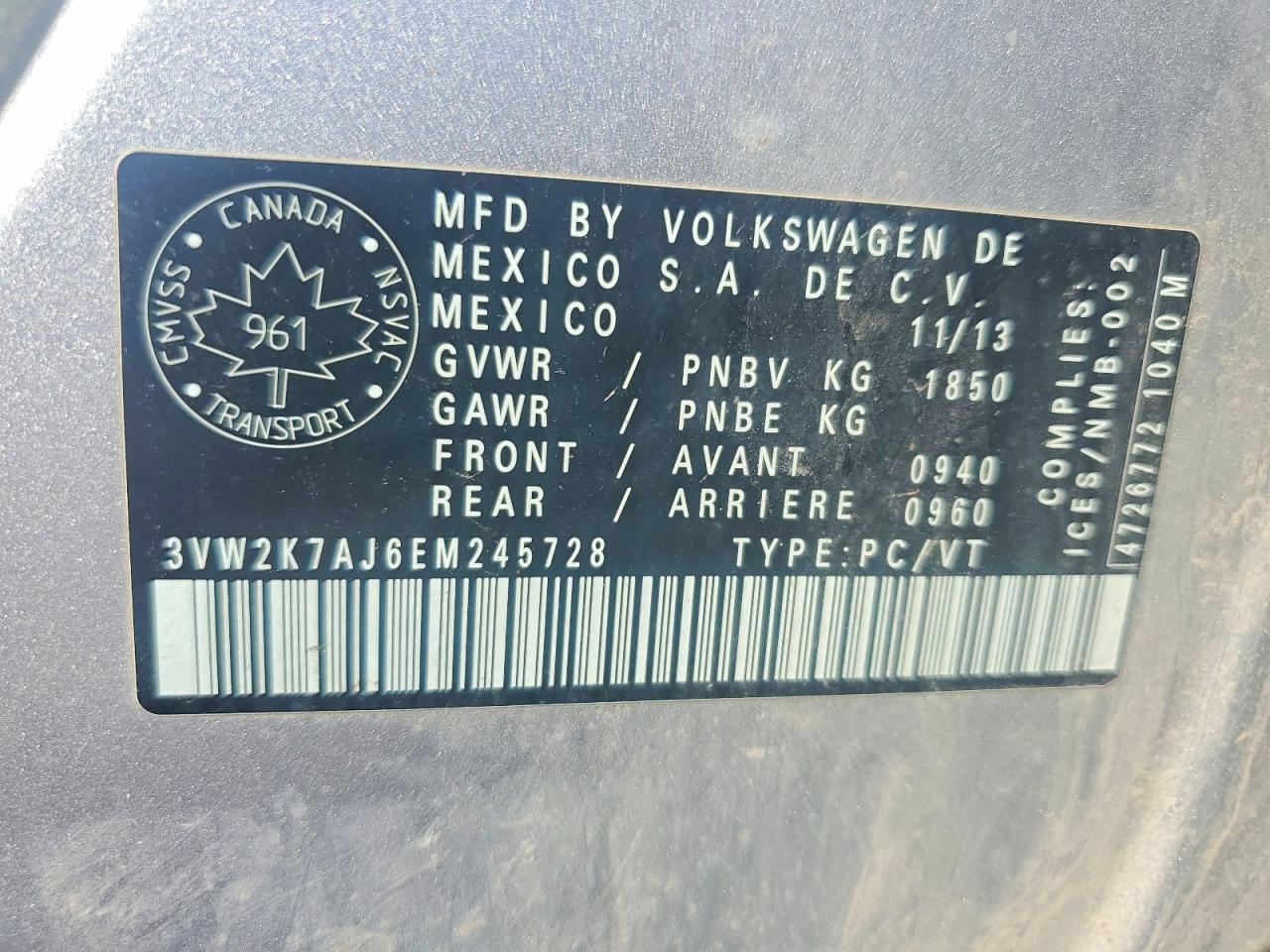 3VW2K7AJ6EM245728 · 2014 VOLKSWAGEN JETTA · 12/12