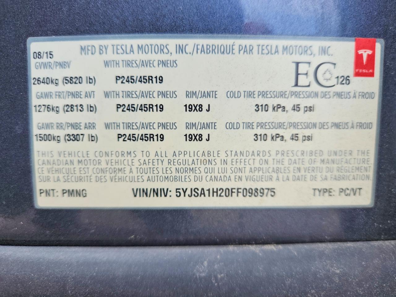 5YJSA1H20FF098975 · 2015 TESLA MODEL S · 12/12