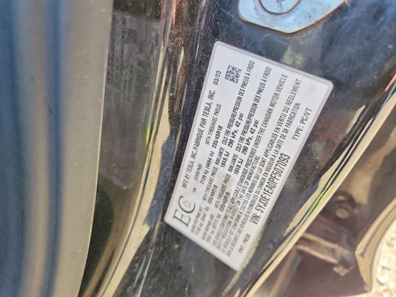 5YJ3E1EA0PF507093 · 2023 TESLA MODEL 3 · 12/12