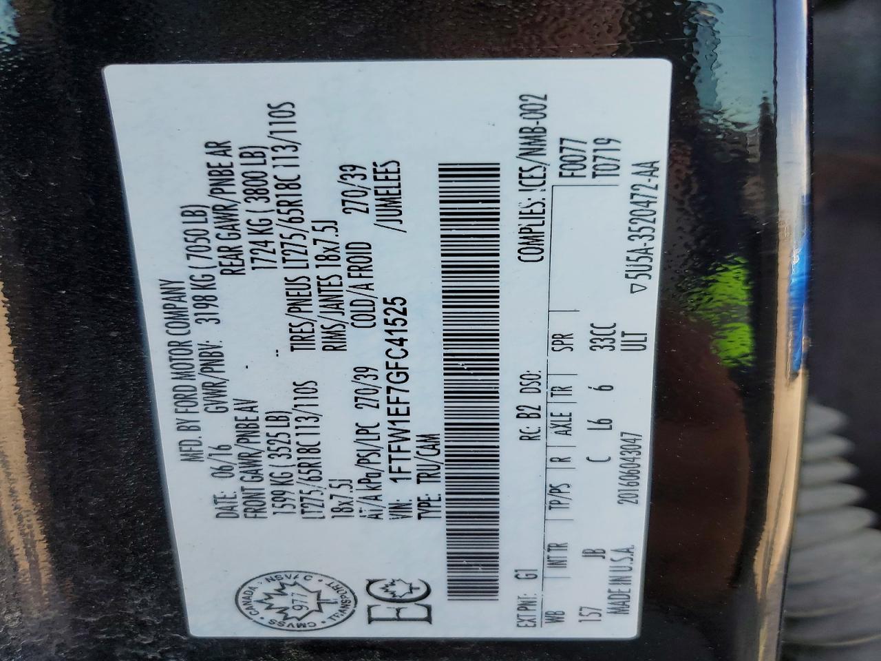 1FTFW1EF7GFC41525 · 2016 FORD F150 · 12/12