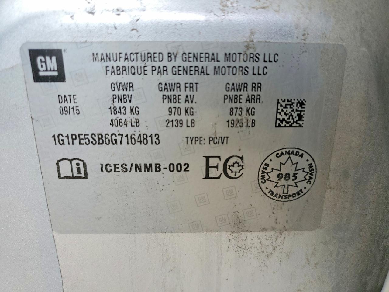 1G1PE5SB6G7164813 · 2016 CHEVROLET CRUZE LIMITED · 12/12