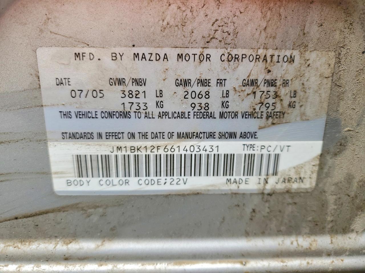 JM1BK12F661403431 · 2006 MAZDA 3 · 12/12