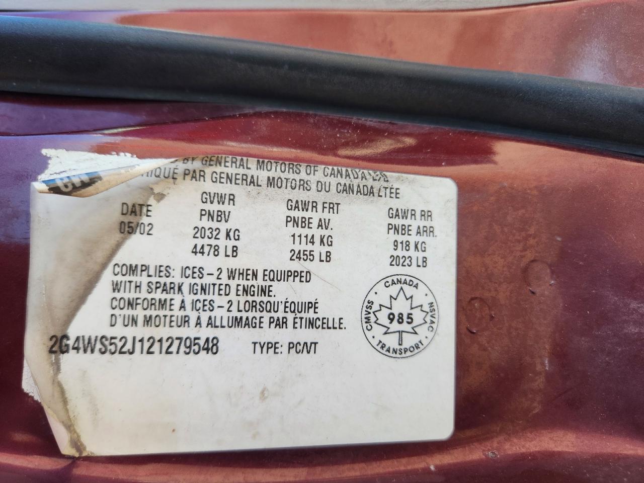 2G4WS52J121279548 · 2002 BUICK CENTURY · 12/12