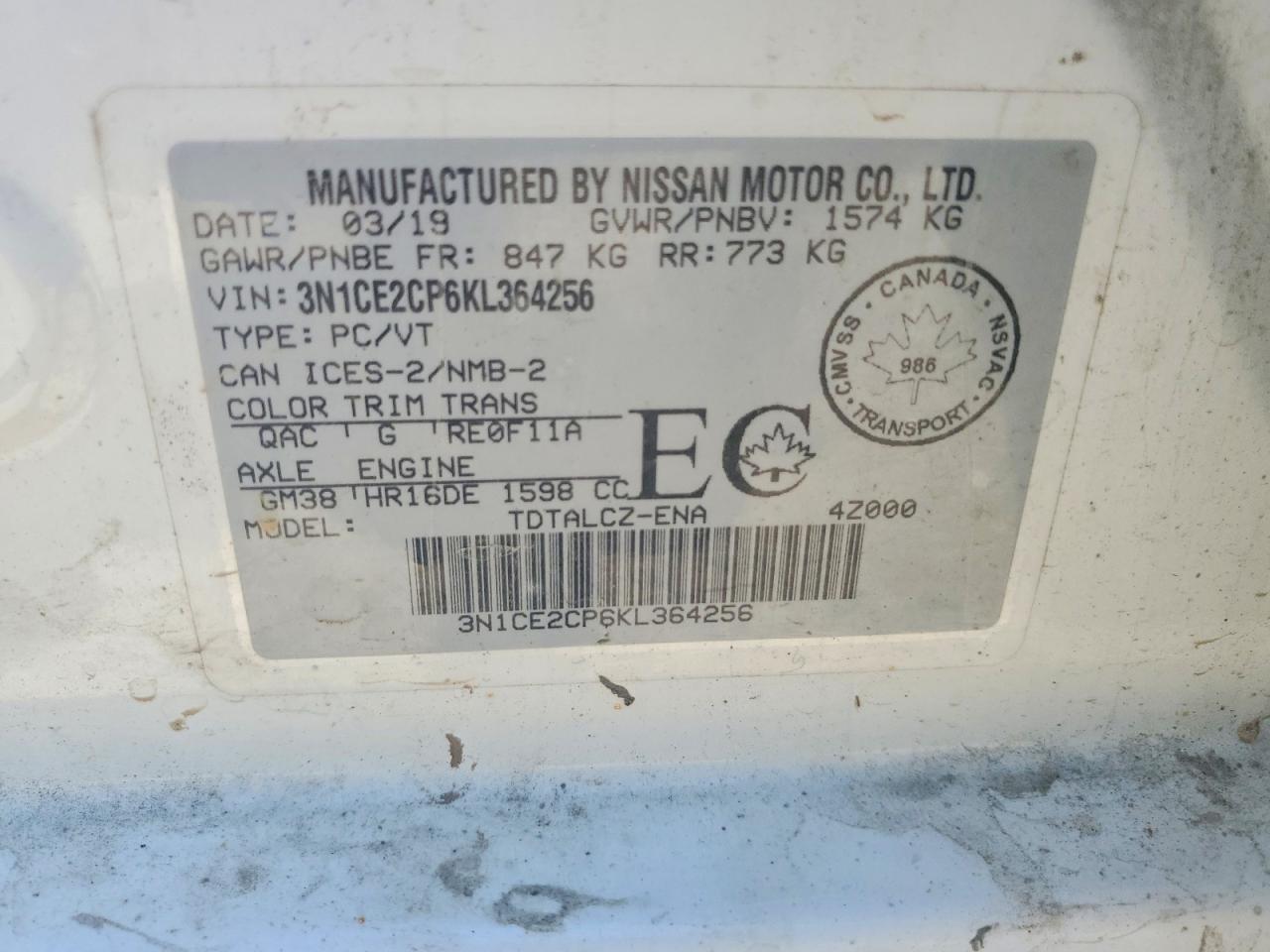 3N1CE2CP6KL364256 · 2019 NISSAN VERSA NOTE · 12/12