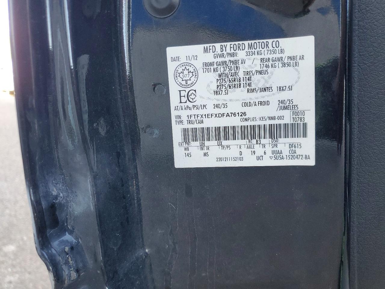 1FTFX1EFXDFA76126 · 2013 FORD F150 · 12/12