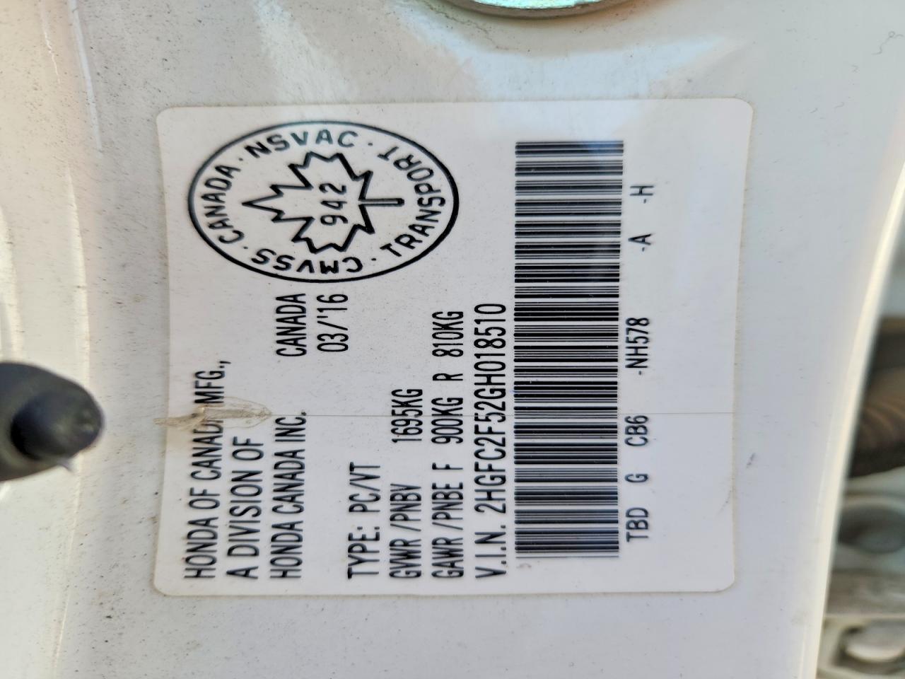 2HGFC2F52GH018510 · 2016 HONDA CIVIC · 12/12