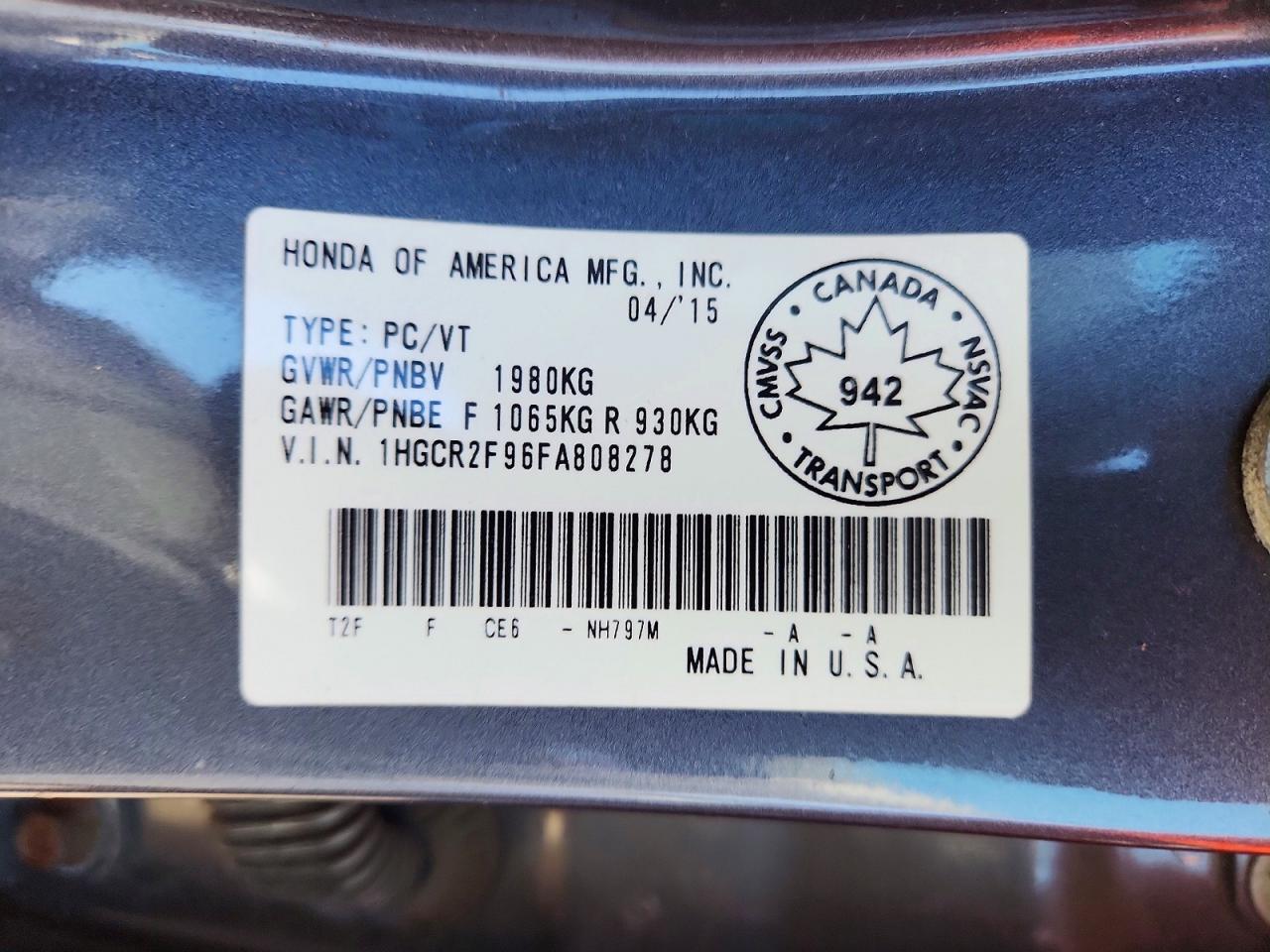 1HGCR2F96FA808278 · 2015 HONDA ACCORD · 12/12
