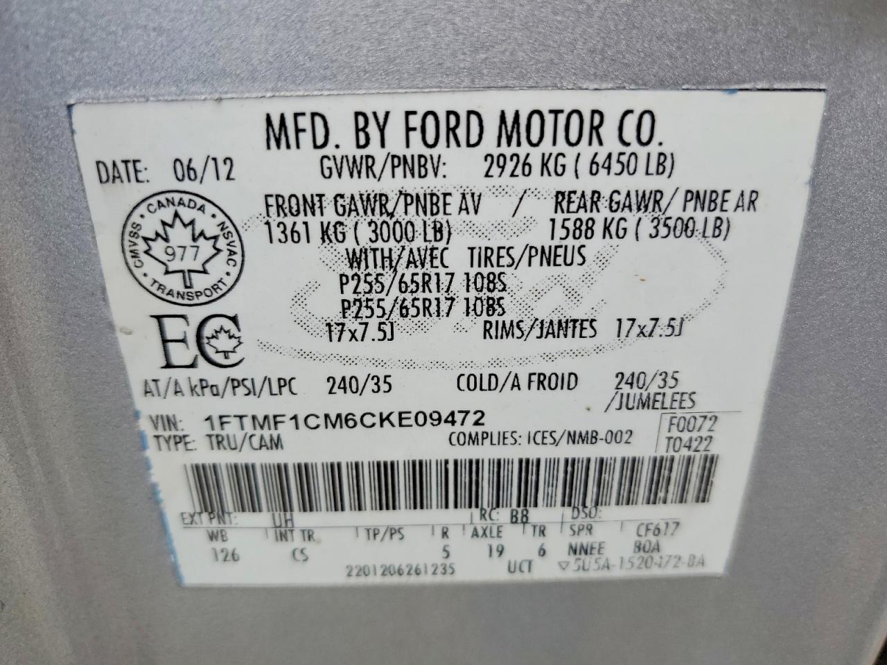1FTMF1CM6CKE09472 · 2012 FORD F150 · 12/12