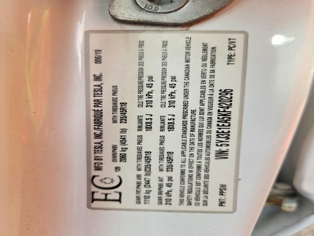5YJ3E1EA5KF420296 · 2019 TESLA MODEL 3 · 12/12