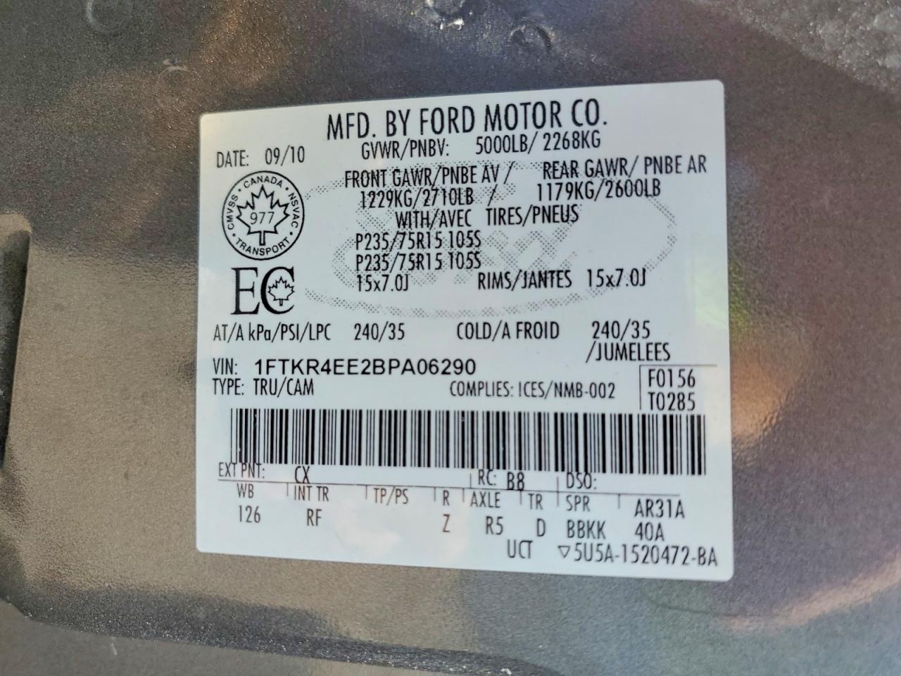 1FTKR4EE2BPA06290 · 2011 FORD RANGER · 12/12