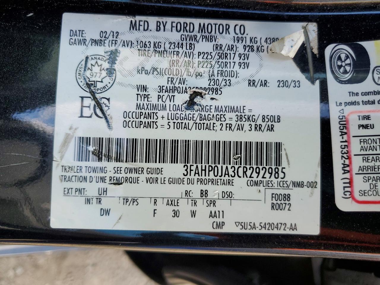 3FAHP0JA3CR292985 · 2012 FORD FUSION · 12/12