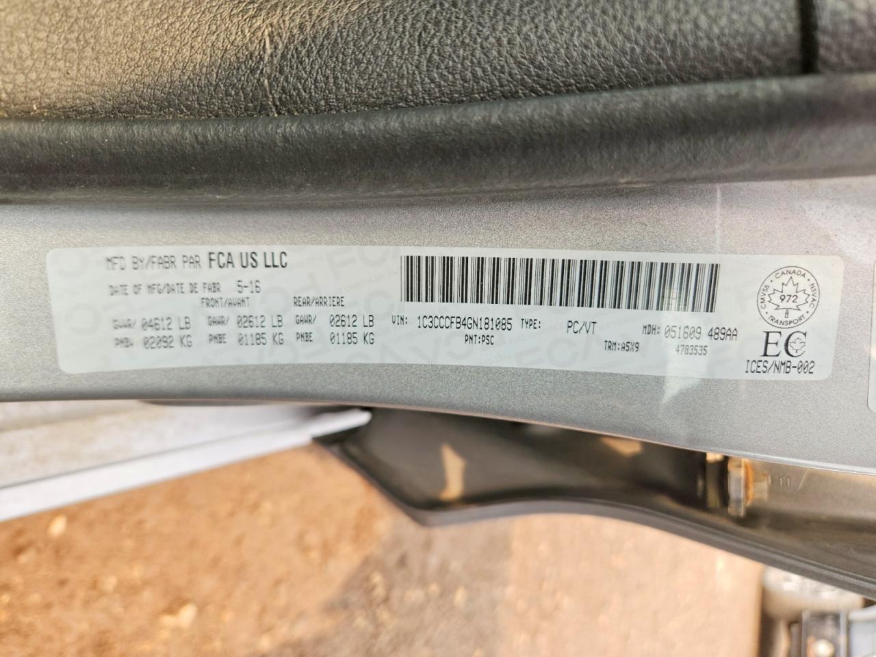1C3CCCFB4GN181085 · 2016 CHRYSLER 200 · 12/12