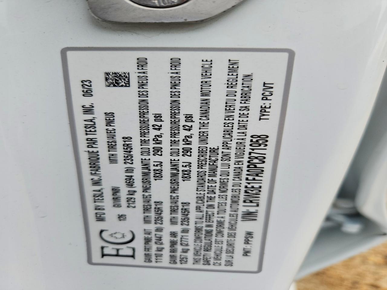 LRW3E1FA0PC871958 · 2023 TESLA MODEL 3 · 12/12