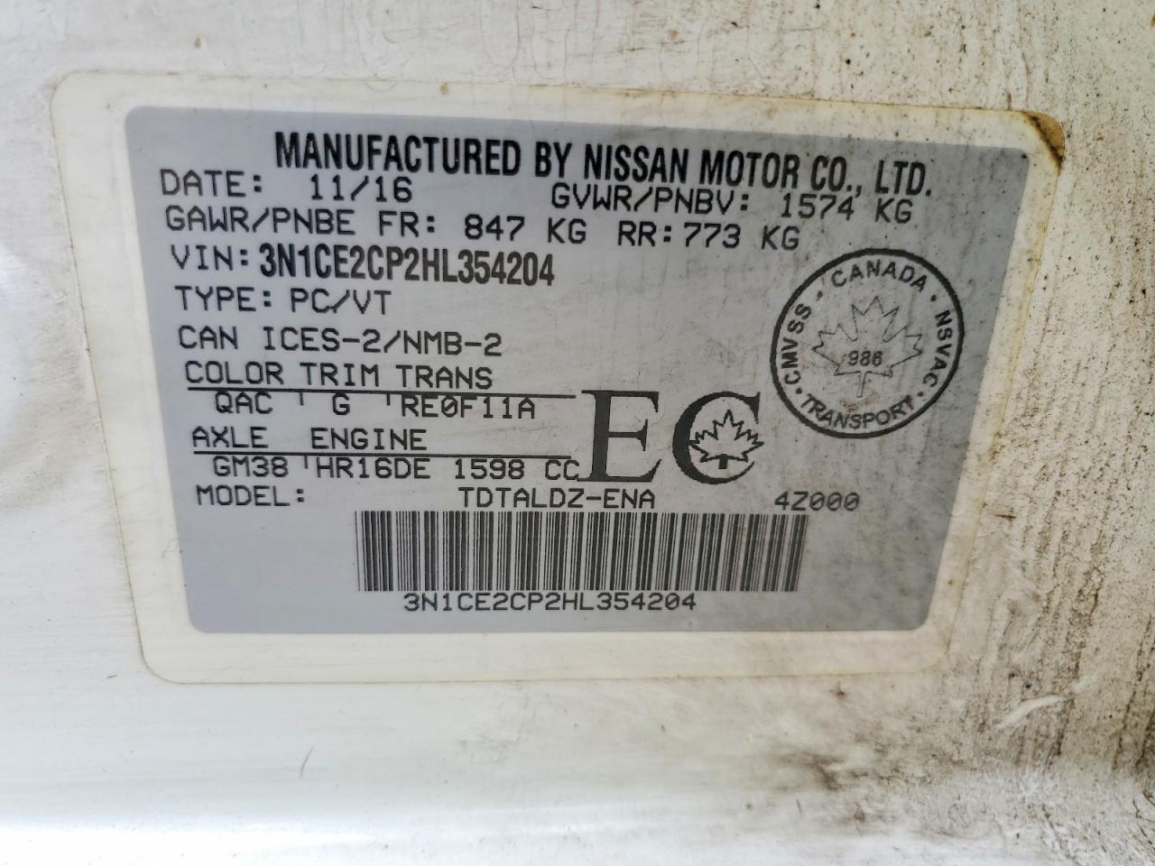 3N1CE2CP2HL354204 · 2017 NISSAN VERSA NOTE · 12/12