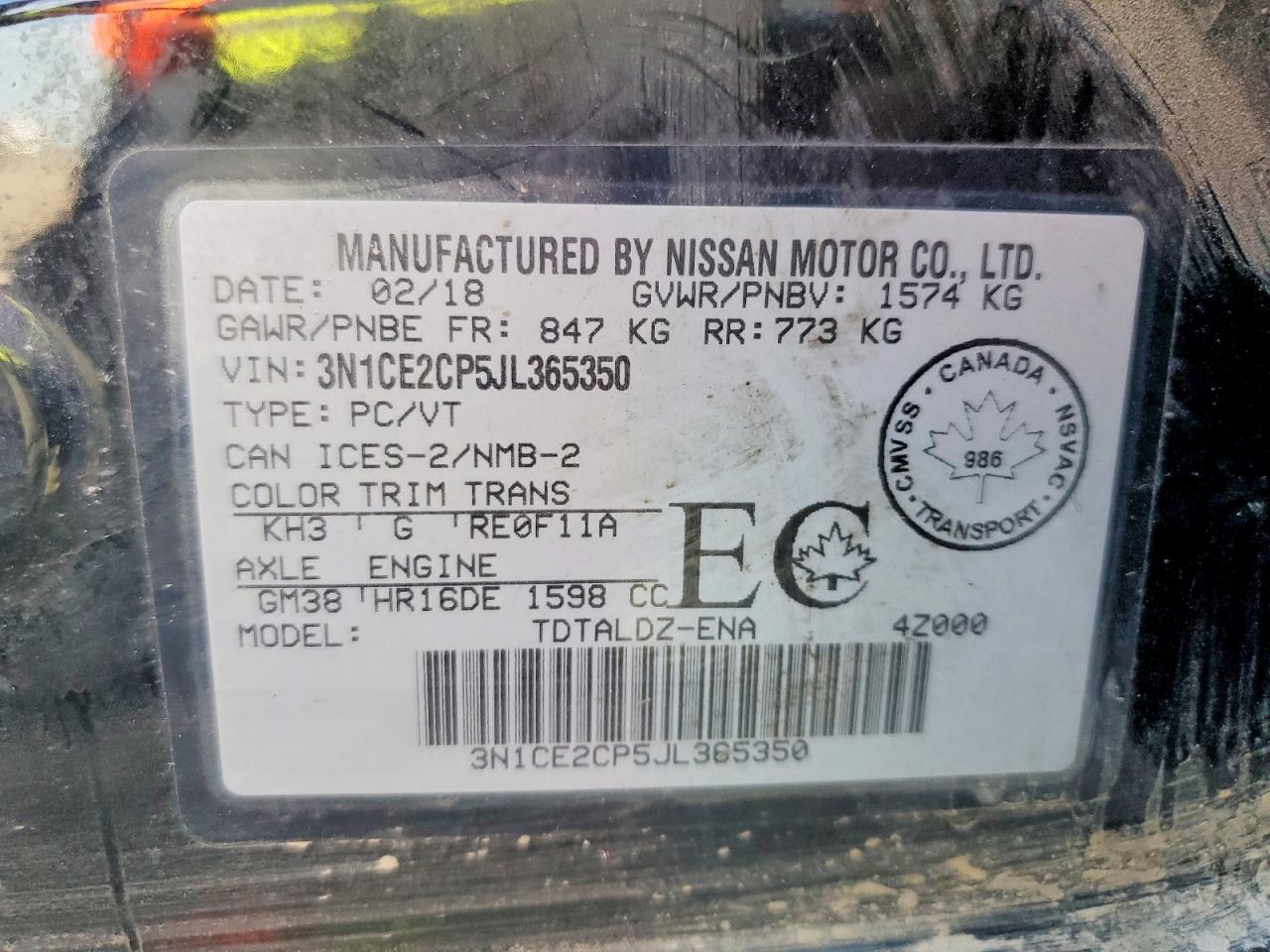 3N1CE2CP5JL365350 · 2018 NISSAN VERSA NOTE · 12/12