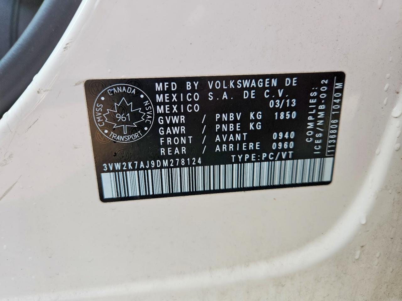 3VW2K7AJ9DM278124 · 2013 VOLKSWAGEN JETTA · 12/12