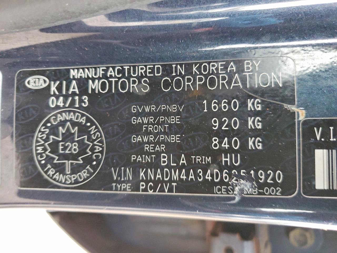 KNADM4A34D6251920 · 2013 KIA RIO · 12/12