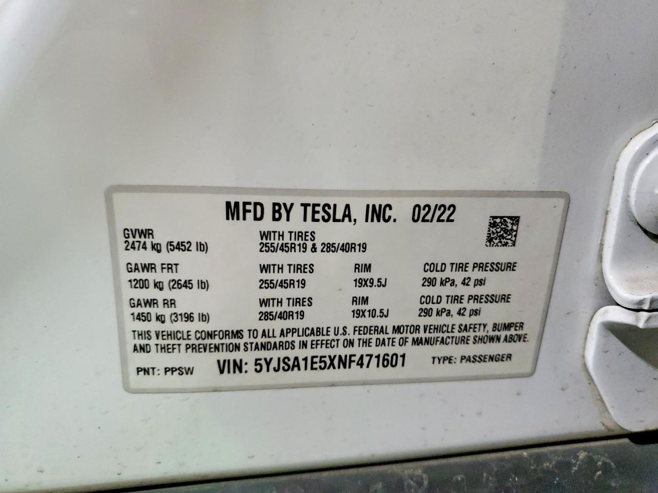 5YJSA1E5XNF471601 · 2022 TESLA MODEL S · 12/12