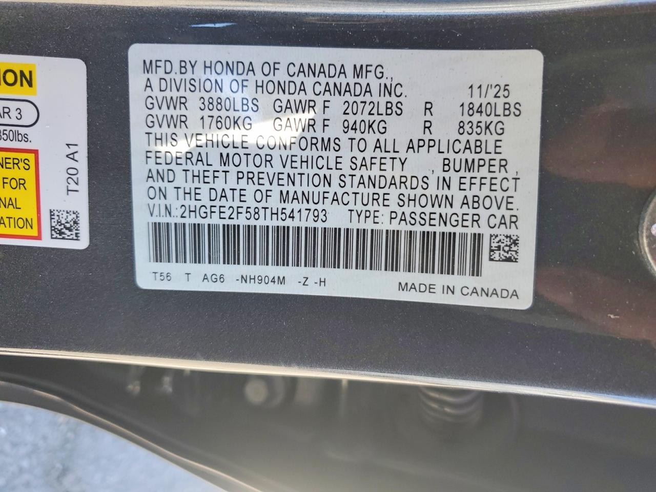 2HGFE2F58TH541793 · 2026 HONDA CIVIC · 12/12