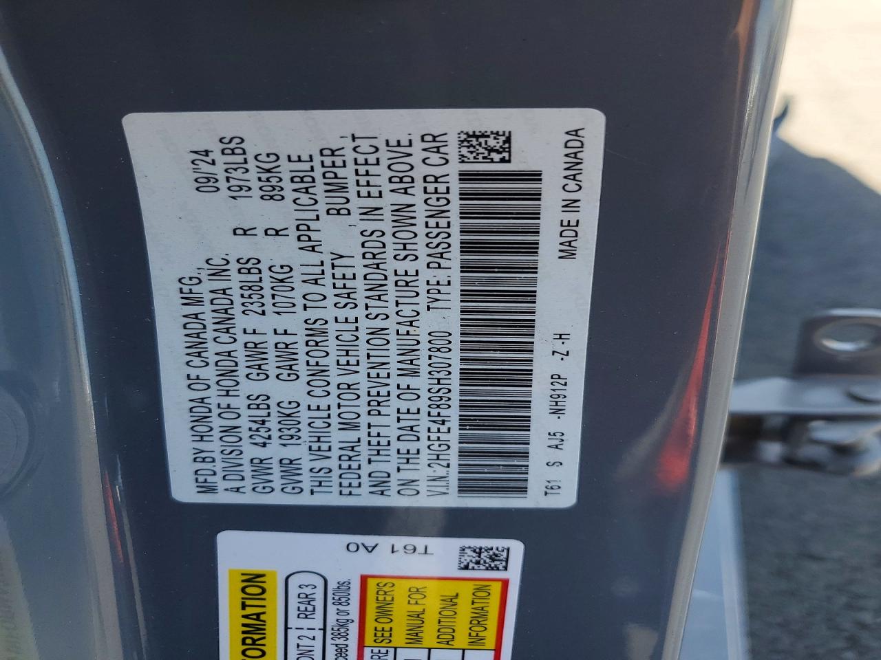 2HGFE4F89SH307800 · 2025 HONDA CIVIC · 12/12