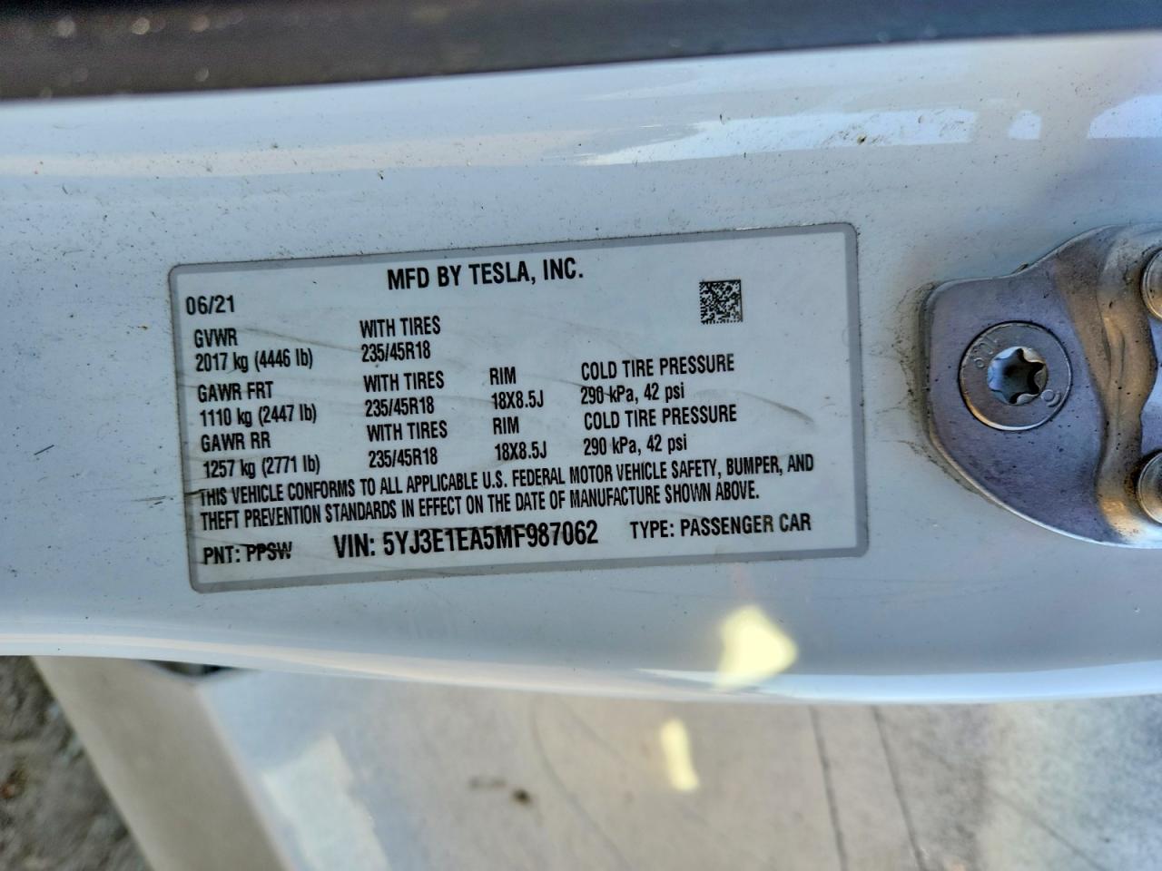 5YJ3E1EA5MF987062 · 2021 TESLA MODEL 3 · 12/12