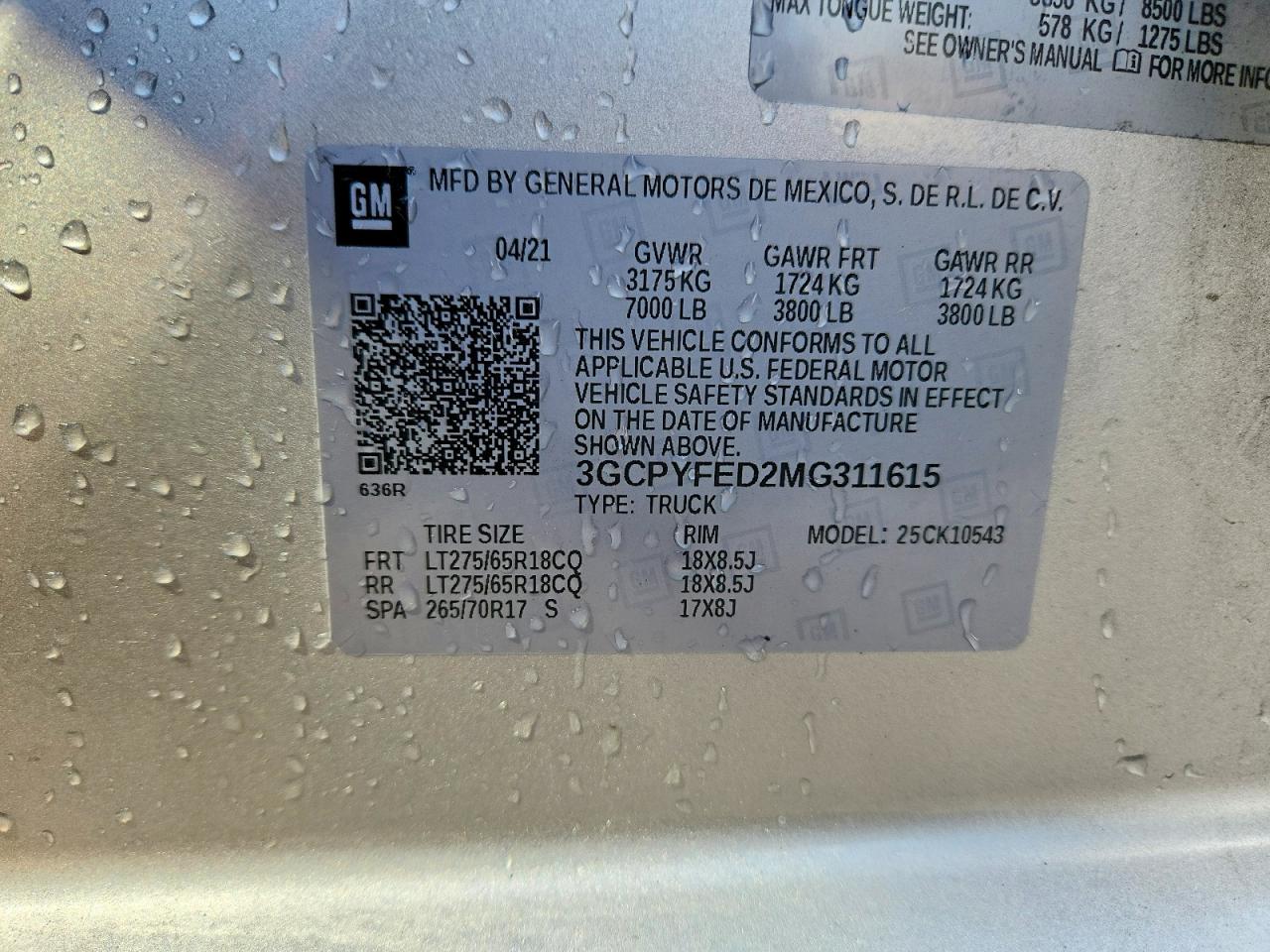 3GCPYFED2MG311615 · 2021 CHEVROLET SILVERADO · 12/12