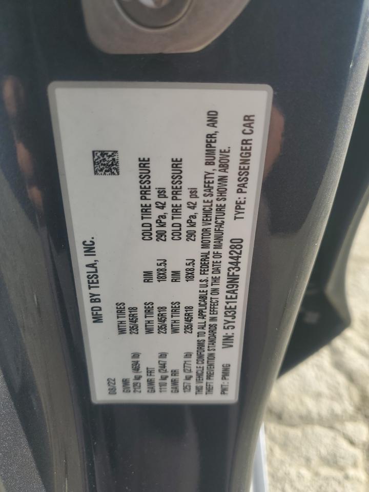 5YJ3E1EA9NF344280 · 2022 TESLA MODEL 3 · 12/12
