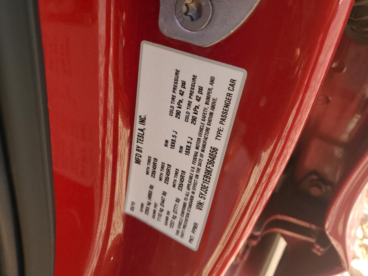 5YJ3E1EB9KF364856 · 2019 TESLA MODEL 3 · 12/12