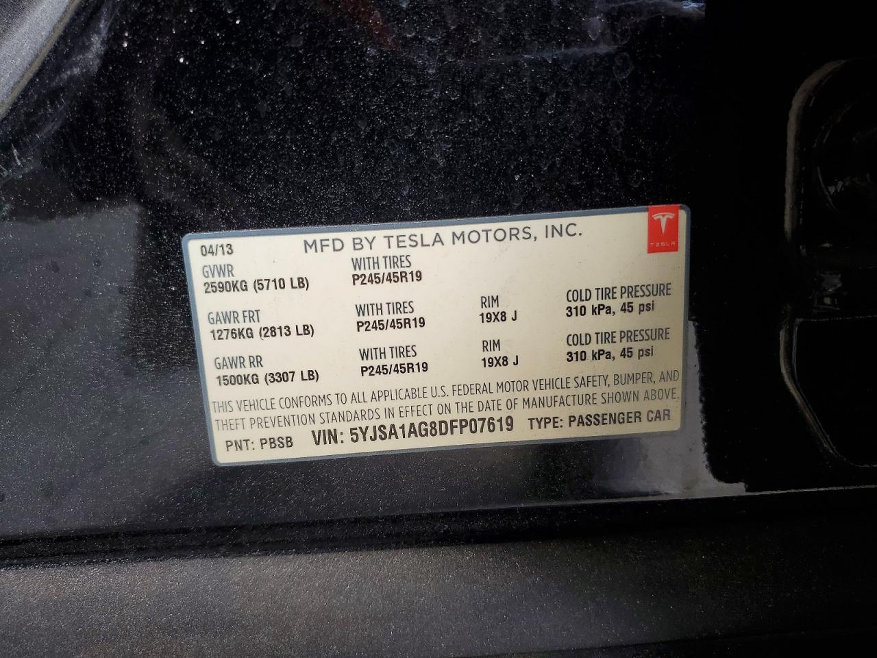 5YJSA1AG8DFP07619 · 2013 TESLA MODEL S · 12/12
