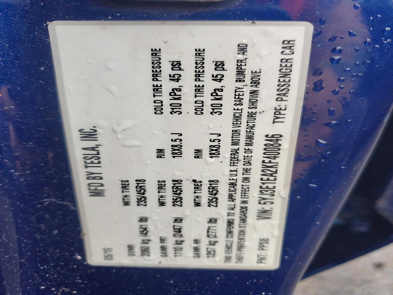 5YJ3E1EA2KF400846 · 2019 TESLA MODEL 3 · 12/12