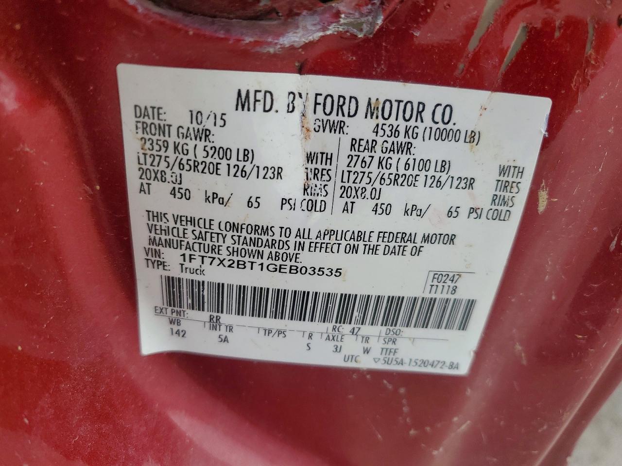 1FT7X2BT1GEB03535 · 2016 FORD F250 · 12/12