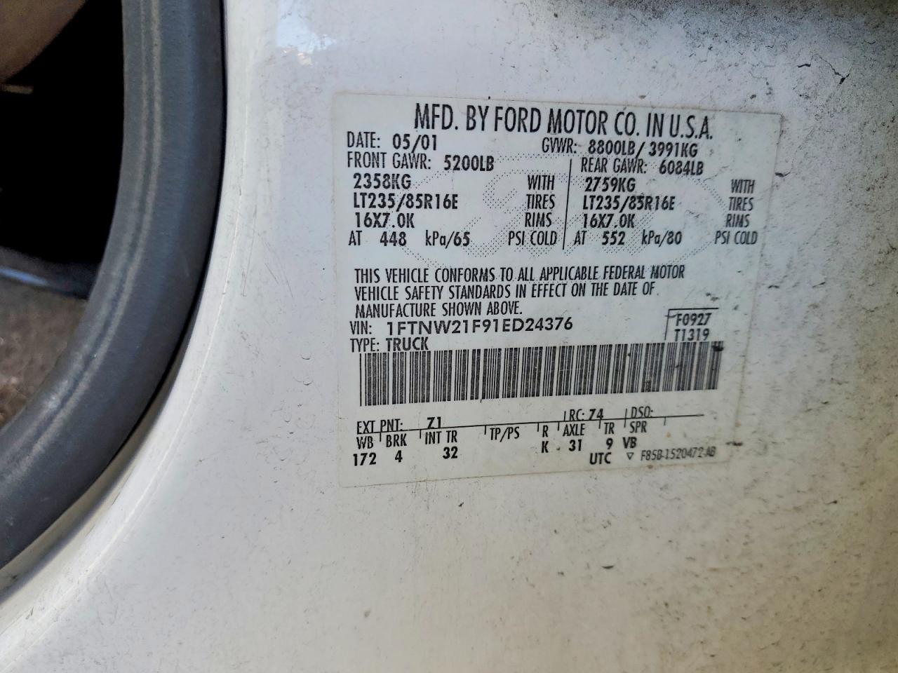 1FTNW21F91ED24376 · 2001 FORD F250 · 12/12