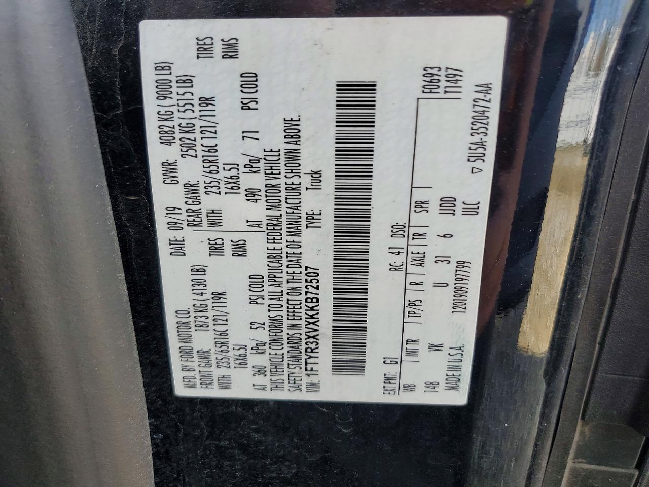 1FTYR3XVXKKB72507 · 2019 FORD TRANSIT · 11/11