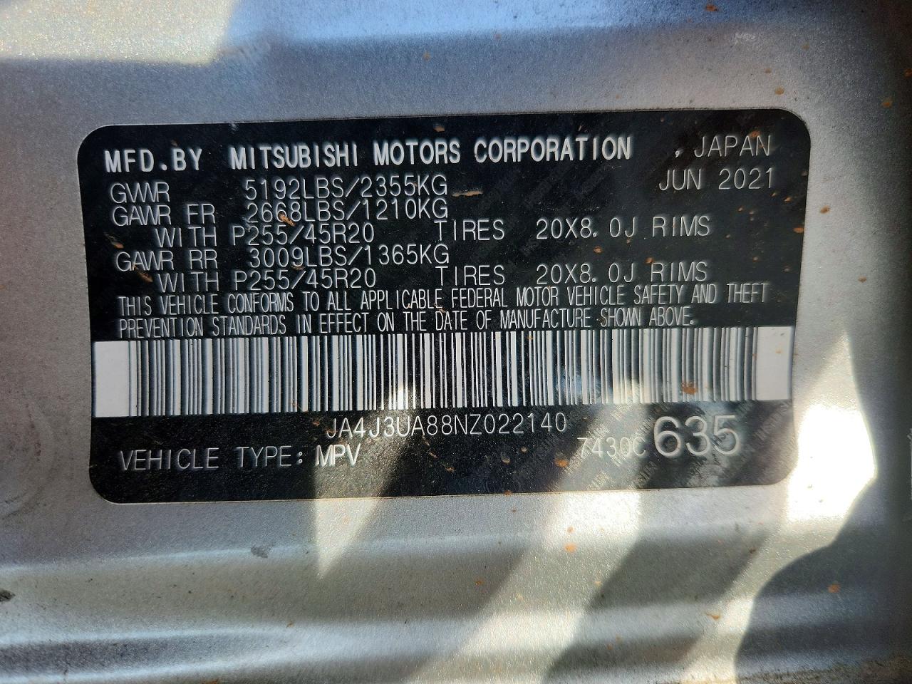 JA4J3UA88NZ022140 · 2022 MITSUBISHI OUTLANDER · 12/12