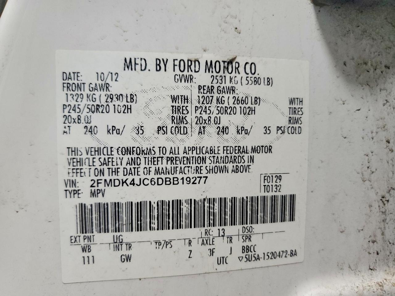 2FMDK4JC6DBB19277 · 2013 FORD EDGE · 12/12