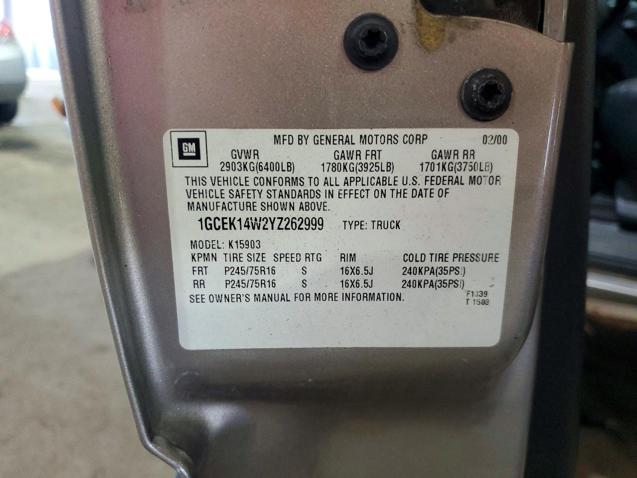 1GCEK14W2YZ262999 · 2000 CHEVROLET SILVERADO · 12/12