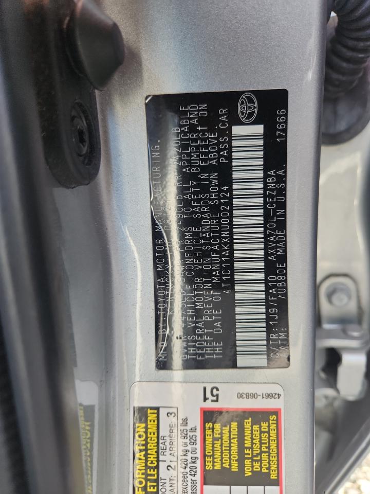 4T1C11AKXNU002124 · 2022 TOYOTA CAMRY · 12/12