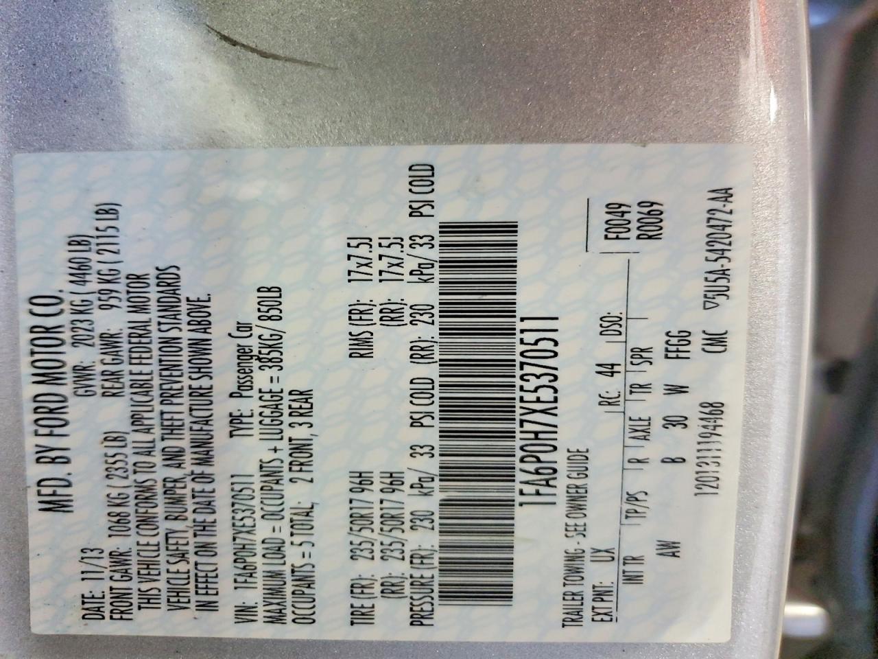 1FA6P0H7XE5370511 · 2014 FORD FUSION · 12/12