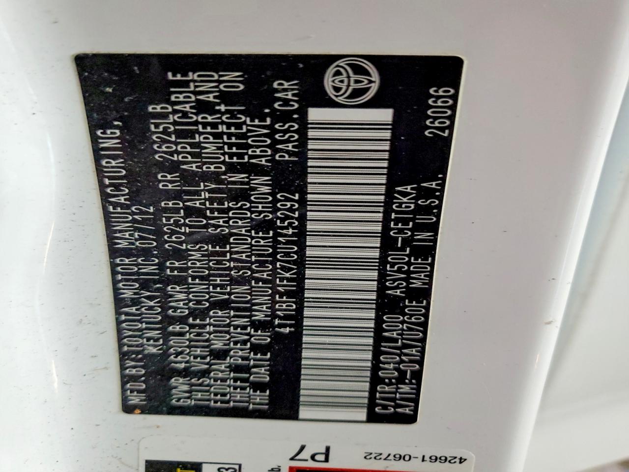 4T1BF1FK7CU145292 · 2012 TOYOTA CAMRY · 12/12