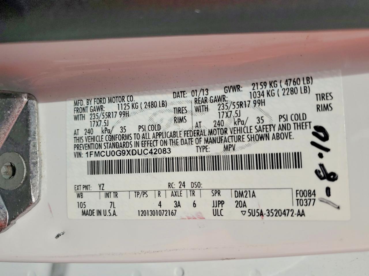 1FMCU0G9XDUC42083 · 2013 FORD ESCAPE · 12/12