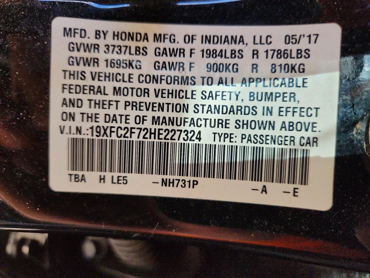 19XFC2F72HE227324 · 2017 HONDA CIVIC · 12/12