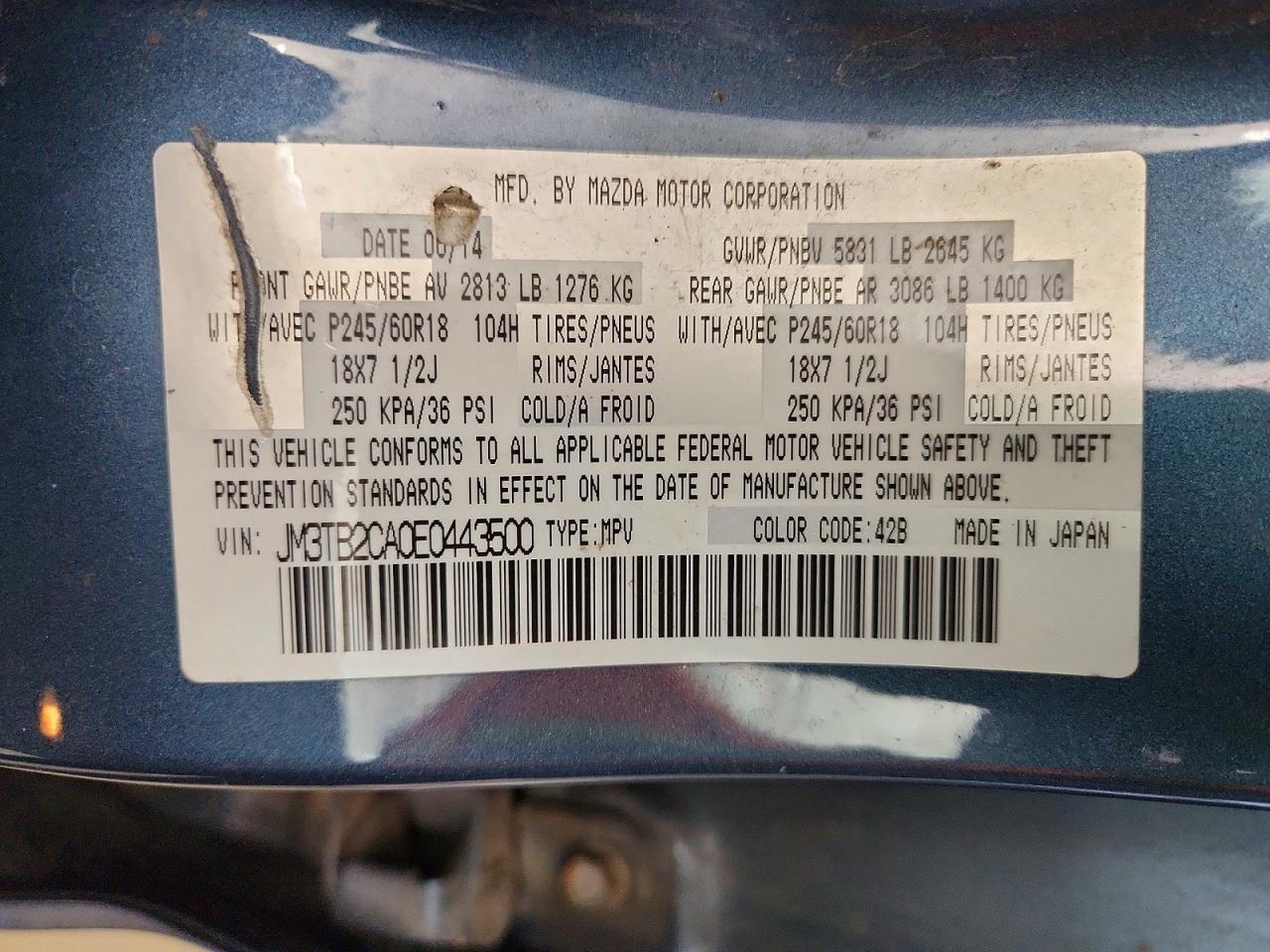 JM3TB2CA0E0443500 · 2014 MAZDA CX-9 · 12/12
