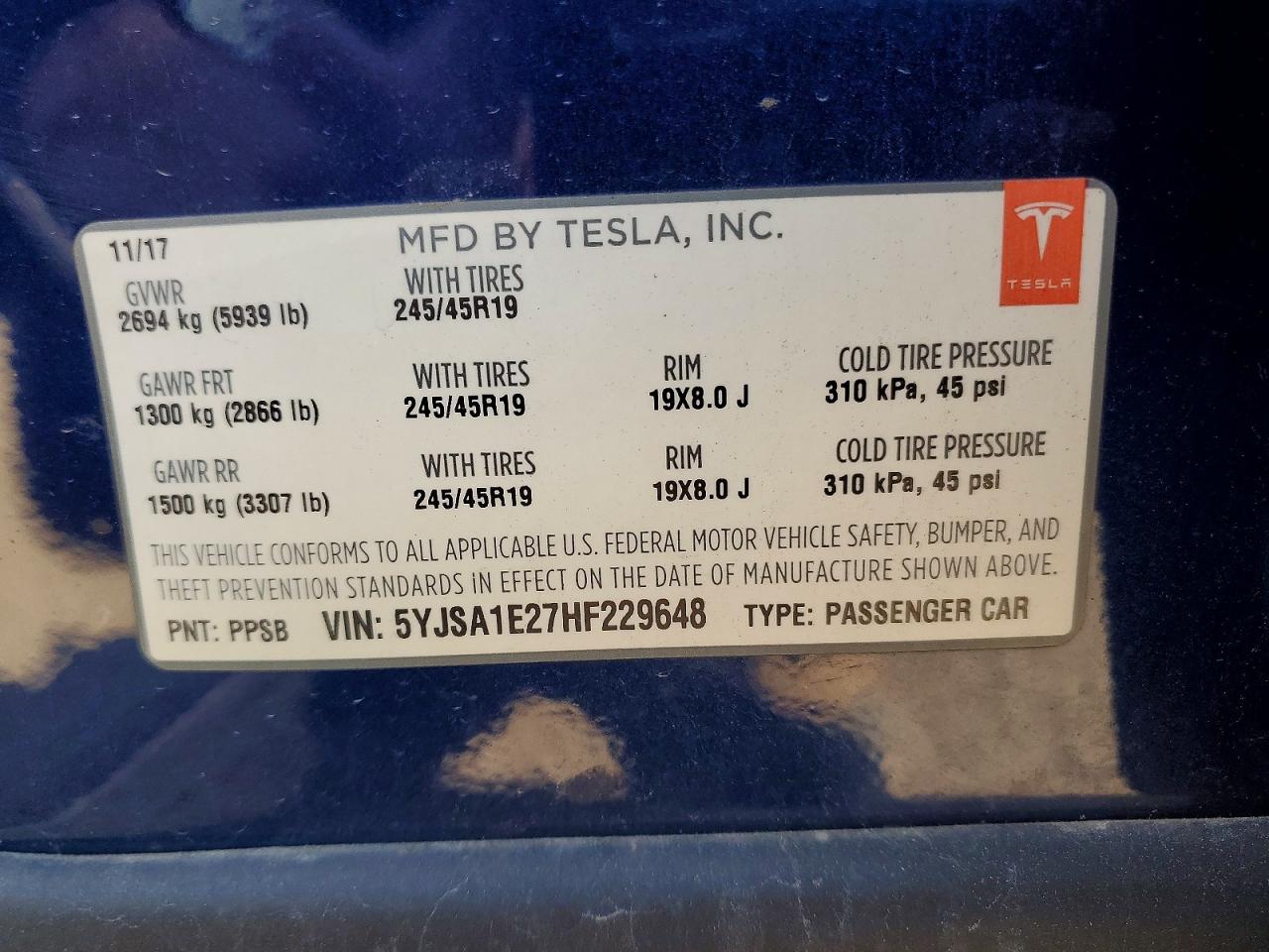 5YJSA1E27HF229648 · 2017 TESLA MODEL S · 12/12