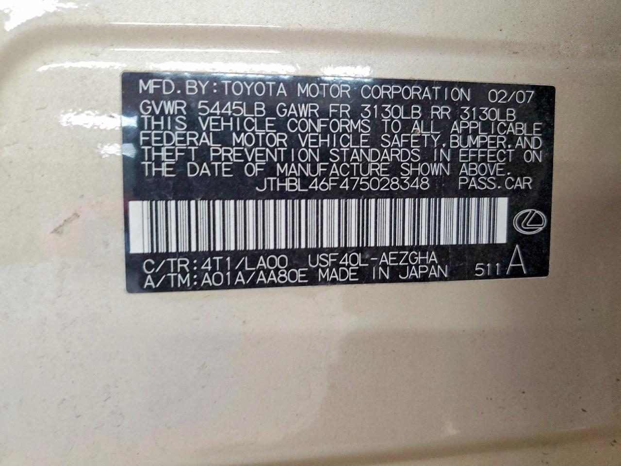 JTHBL46F475028348 · 2007 LEXUS LS · 12/12