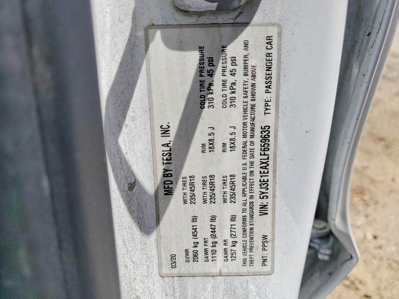 5YJ3E1EAXLF659635 · 2020 TESLA MODEL 3 · 12/12