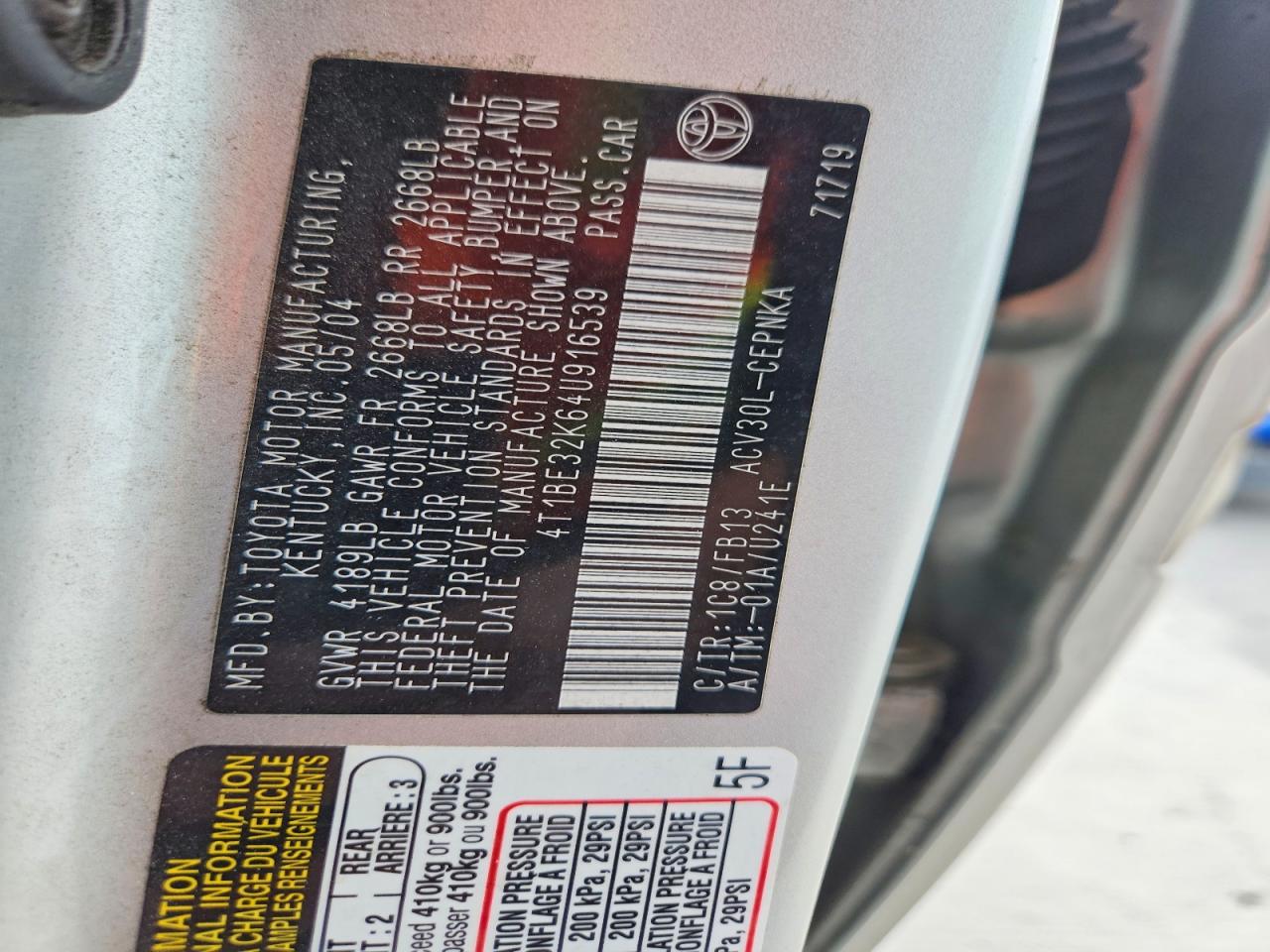 4T1BE32K64U916539 · 2004 TOYOTA CAMRY · 12/12
